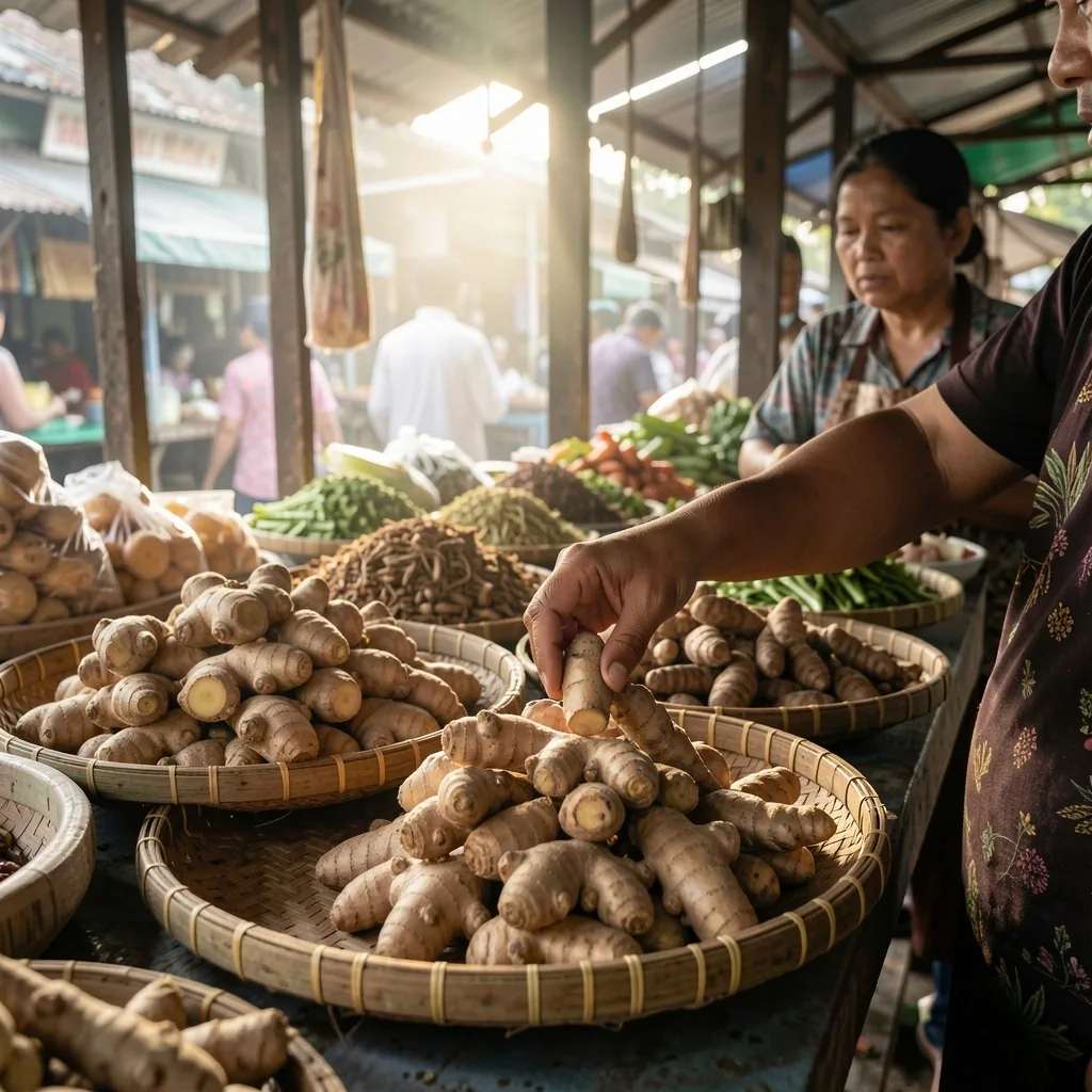Stan pasar tradisional menampilkan rimpang segar di atas nampan bambu