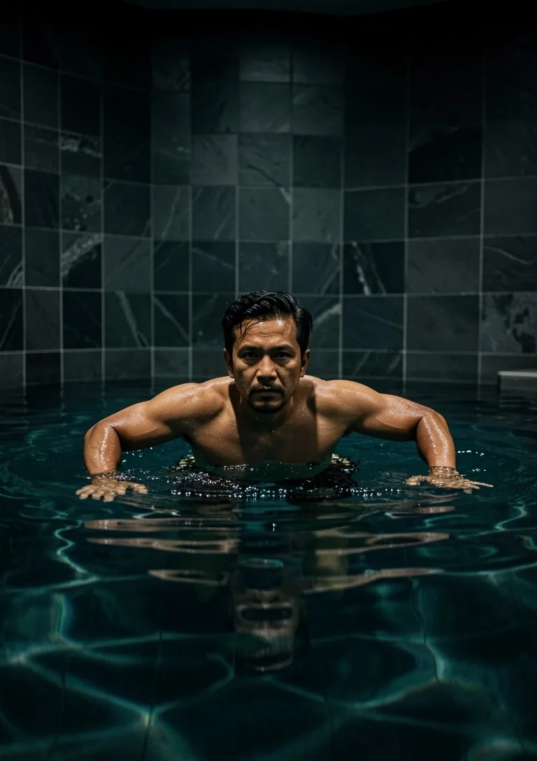 Pria dewasa berenang di kolam indoor