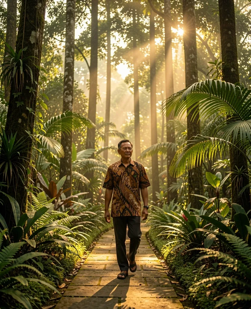 Pria berjalan di taman hijau Bandung di pagi hari