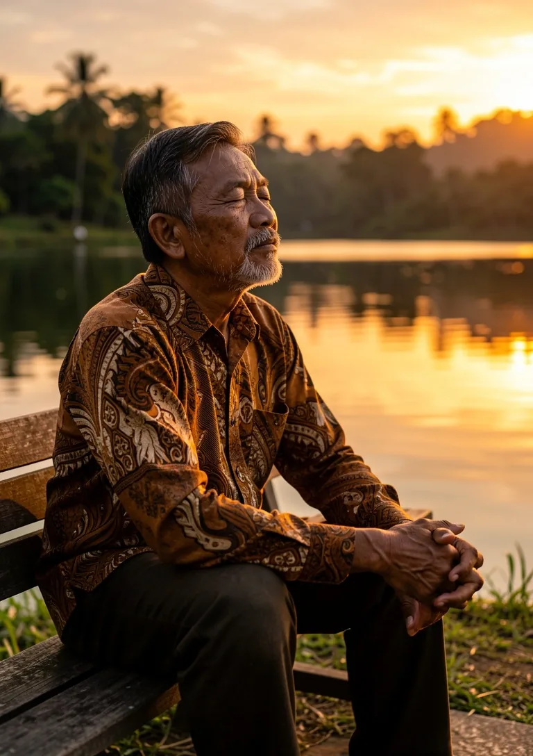 Pria dewasa duduk merenung di tepi danau saat senja