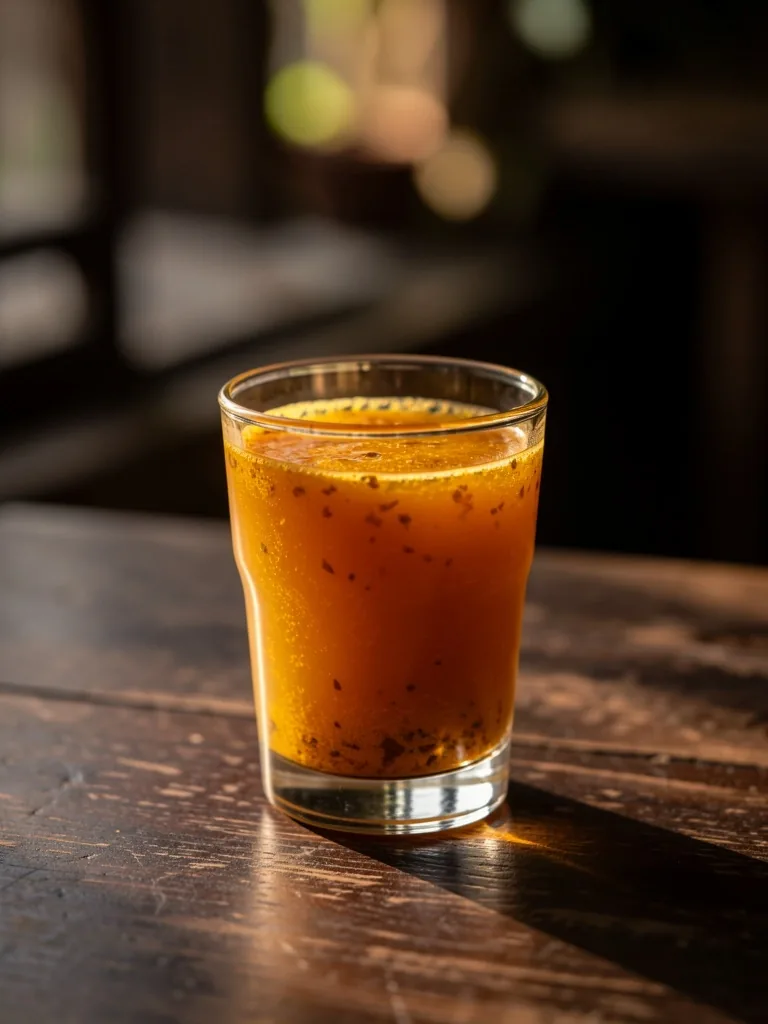 Segelas jamu segar di atas meja kayu gelap