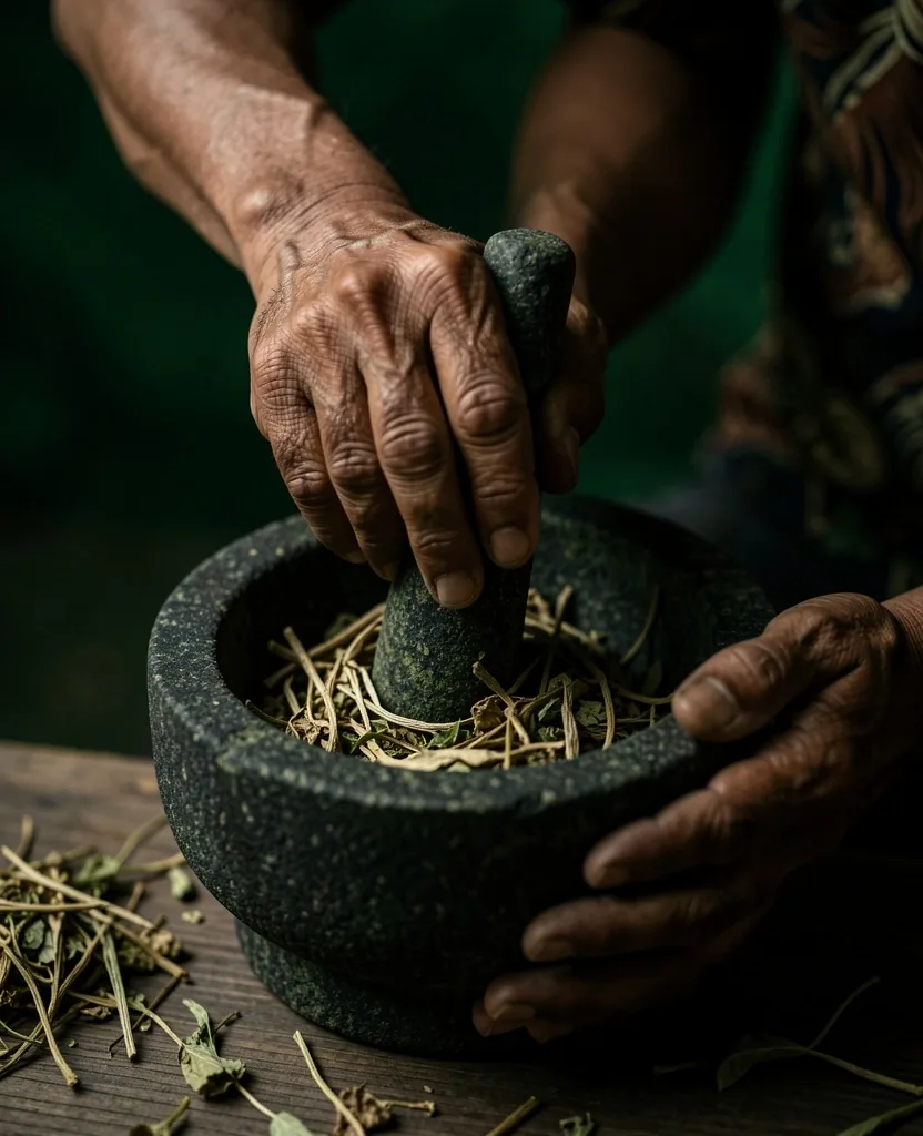 Persiapan bahan herbal tradisional di atas batu mortir