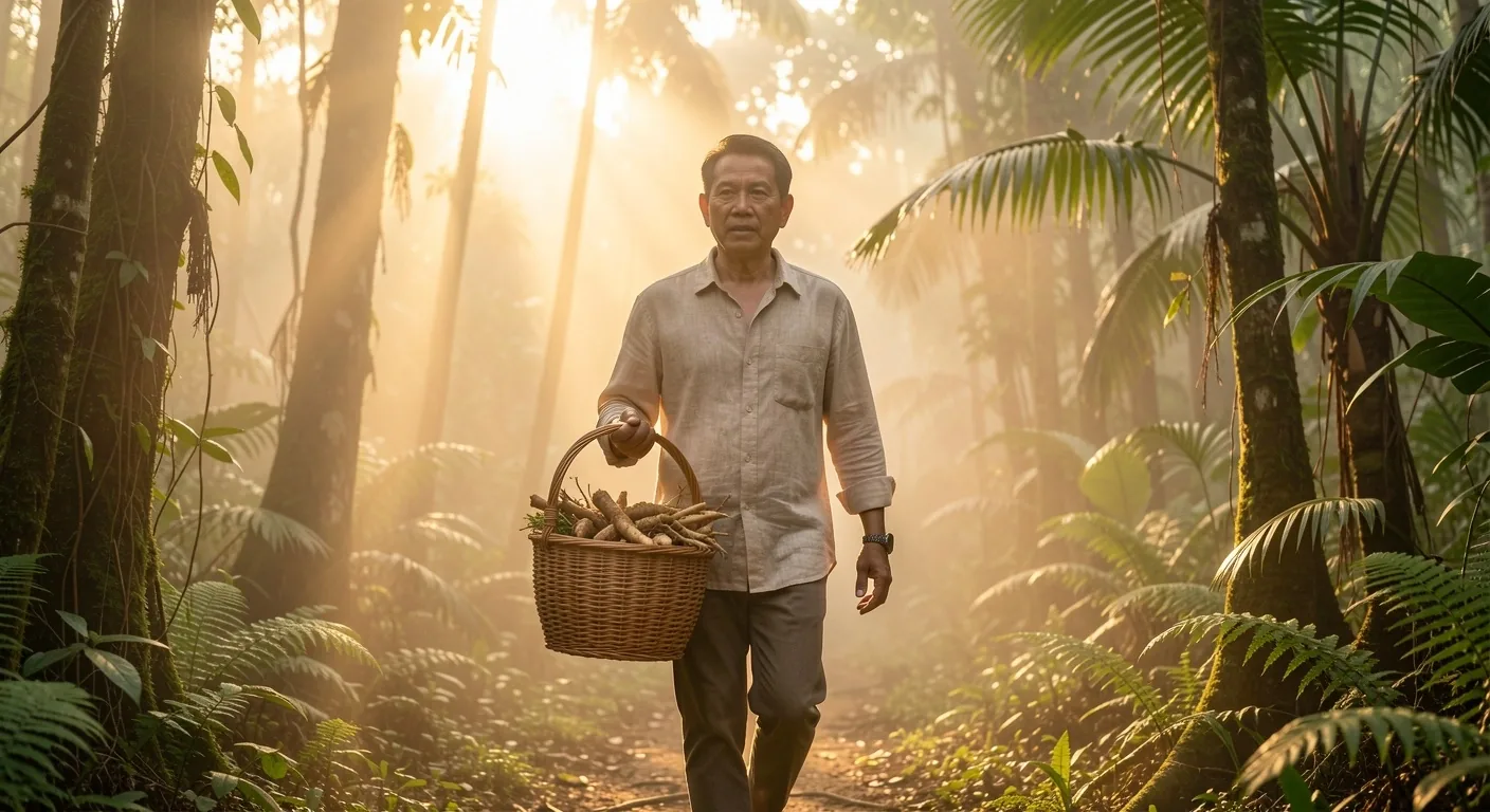 Pria berjalan di hutan tropis membawa hasil panen botanical